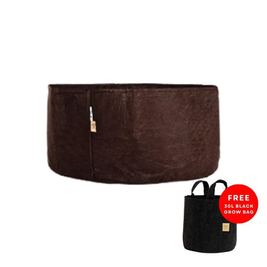 Brown fabric planter with a free black grow bag on a white background